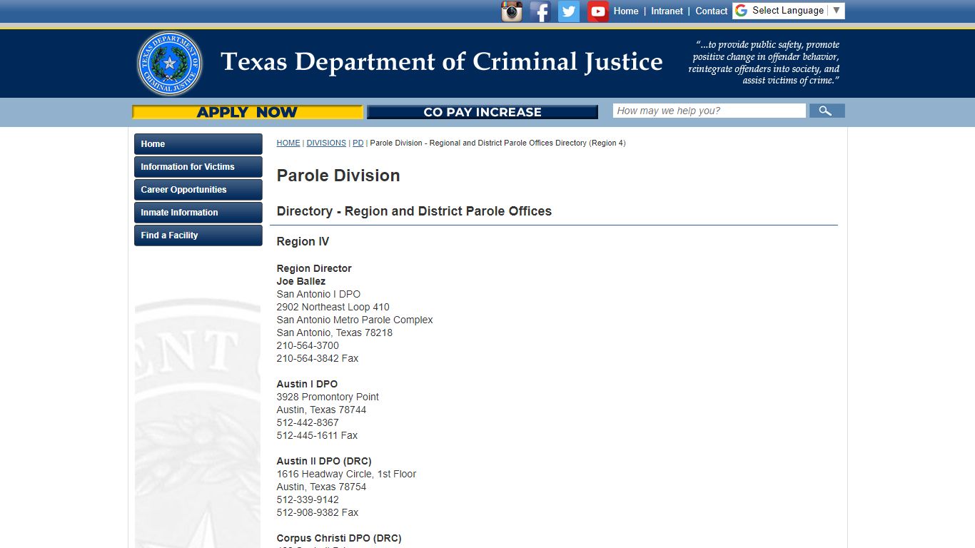 Parole Division - Regional and District Parole Offices Directory (Region 4)